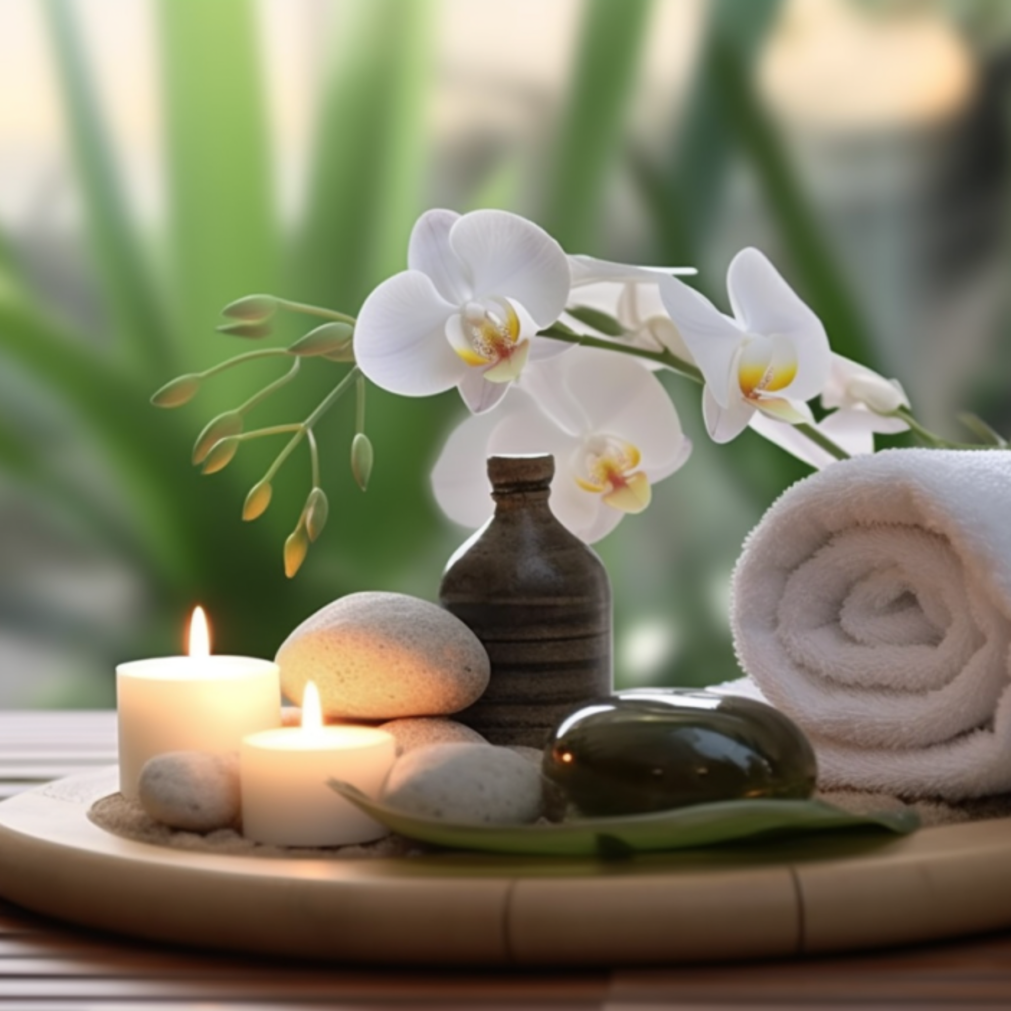 Idée cadeau bien-être : ambiance spa avec huile de massage, serviettes et bougies
